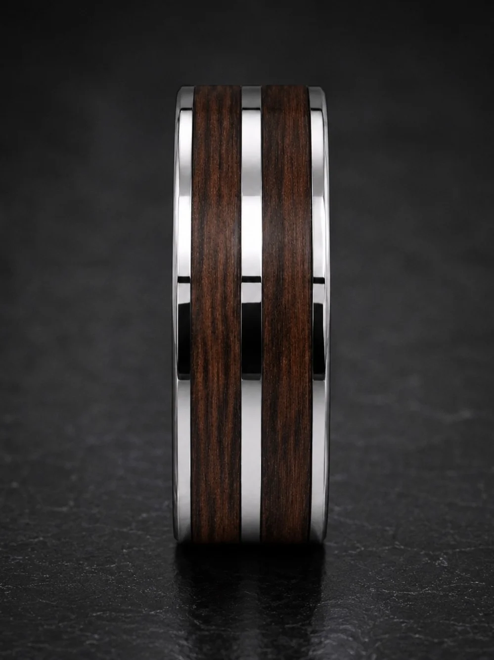 Polished Silver-Tone Tungsten Ring Band with Wood Inlay - Brown 8mm Wide